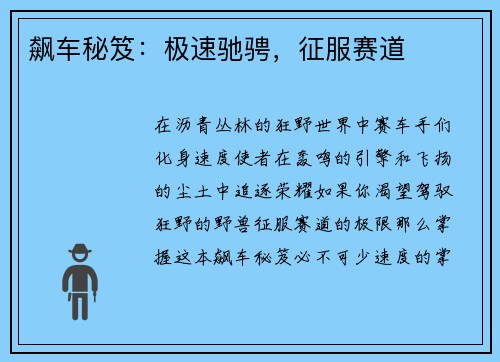 飙车秘笈：极速驰骋，征服赛道